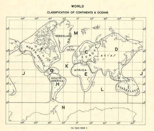 FIGURE 3. A map included in the 1946 Parsons manual showing the top-level classification of continents and oceans (Parsons Citation1946) (Image: Bodleian Libraries 25895 d.60).