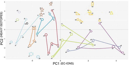 Figure 11. Temporal evolution of stream waters and positions of the different water sources along the principal component axes (PC) for the main streams and sources in the Cordillera Principal. (a) Cuevas River in Puente del Inca, (b) La Salada Spring, (c) Horcones River, (d) Vertiente del Inca Spring, (e) Tupungato River in Punta de Vacas, (f) Tolosa Rock Glacier, (g) Cuevas River in Punta de Vacas, (h) Vacas River in Punta de Vacas, (i) Cuevas River near the Matienzo Valley, (j) Santa María Stream, (k) Valle Azul Stream*, (o) Los Puquios Stream, (p) Horcones Inferior debris-covered glacier, (q) Horcones Superior uncovered glacier, (r) unnamed spring (near Vertiente del Inca), and (u) temporal spring in Las Cuevas. Water samples collected in different seasons, beginning in summer 2011, continuing in autumn, winter, spring and summer 2012 are marked as 1, 2, 3, 4 and 5, respectively, after the identification character. Each line points in the direction of time, starting in summer 2011 and ending in summer 2012. Triangles and squares: groundwater; blue stars: uncovered and debris-covered glaciers; brown stars: rock glaciers. * snow-derived stream, only active in spring.