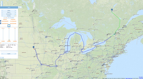 Figure 6. CarbonRoadMap screen shot presenting the paths which minimize carbon emissions. To minimize the carbon emission, train (green line) is used from Chibougamau, QC (origin) to reach the St. Lawrence River to be shipped by boat (blue line), and across the Great Lakes reaches the Mississippi and Missouri rivers, and finish the last mile by truck (red line) to Sioux Falls, SD (destination).