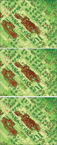 Figure 4. Mixed residential/forested test area: segmentation results at the lowest scale parameter (14) indicated by the ESP tool (middle). For comparison, see segmentation results at scale parameters 13 (left) and 15 (right). The following number of segments was generated of the respective scale parameters: 6896 (13), 6117 (14), and 5536 (15).