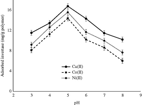 Figure 3. Effect of medium pH on adsorption of invertase by the cryogel columns. T: 25 °C.