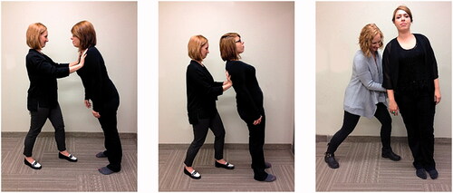 Figure 1. Reactive balance measure administration positions. Administering the measure required patients to lean on the hands of the physiotherapist and be physically supported by them. This position was designed to move the center of mass outside the base of support to trigger a reactive postural response when the physiotherapist unexpectedly removed physical support. The leaning was administered so that the patient moved towards the physiotherapist as a safety mechanism to catch the patient in the event the reaction was not successful (Sibley et al. 2018 [Citation13]).