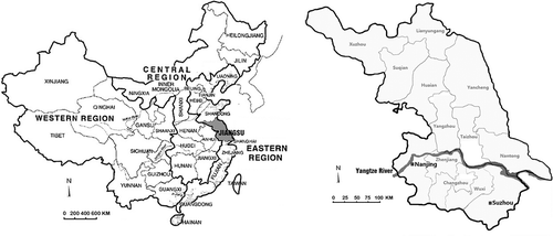 Figure 1. Jiangsu Province in China (left) and Nanjing and Suzhou in Jiangsu (right).
