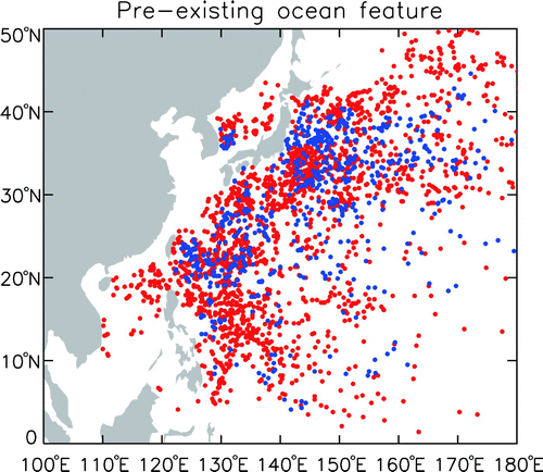 Fig. 8 Centre locations of pre-existing warm-core (red, SSHA >6 cm) and cold-core (blue, SSHA <−6 cm) circulation features before a typhoon passage.