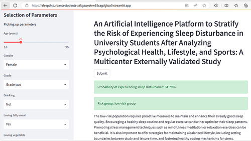 Figure 6 The web-based artificial intelligence model. The user interface was meticulously designed to facilitate the input of relevant patient data and provide efficient access to predicted probabilities. It featured intuitive panels for selecting model parameters, performing probability calculations, and accessing comprehensive information about the underlying model.