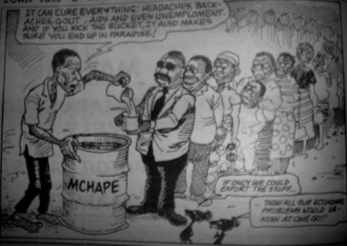 Figure 1.  The cartoon suggests that the famous (as depicted by the man on the left, understood to be either the owner of the politically important Yanu Yanu bus company or a well-known mayor) and the wealthy (as depicted by the large woman on the right) all went to Chisupe. Malawi News, 8–14 July 1995, 9.