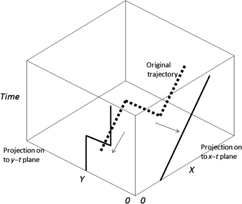 Figure 3. An example of a single trajectory projected on to the walls of a STC to produce two graphs describing the trajectory in perpendicular directions over time.