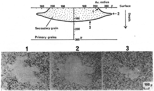 Figure 10. Cross-sectional morphology of a growing secondary grain. Micrographs 1, 2 and 3 at the bottom show the secondary grain at depths of about 15, 40 and 140 μm, respectively, under the surface of the steel sheet (reproduced with permission from [Citation25] © 1984 The Iron and Steel Institute of Japan).