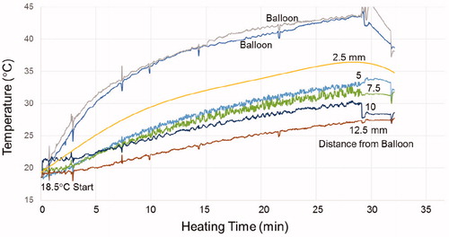 Figure 6. Temperature rise of the MNP filled balloon surface and at 2.5, 5, 7.5, 10 and 12.5 mm radial distance in brain tissue-equivalent phantom.