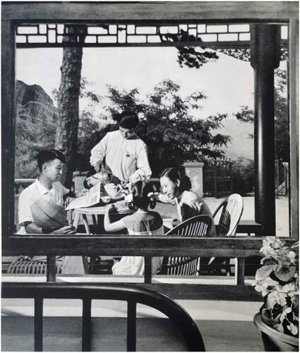 Figure 6. The interior of the former Fragrant Hill Hotel between 1957 and 1978. The original description was “Enjoy the summer at the Fragrant Hill Hotel in the dense forest (在层峦密林的香山饭店里消夏)”. Copyright © Picture album of Beijing, Beijing Editorial Board Press. 1959, pp. 138.