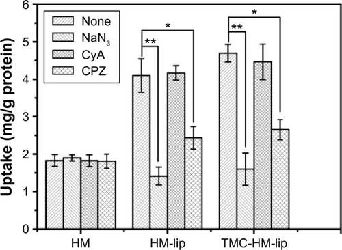 Figure 10 Effect of inhibitors on the uptake of HM, HM-lip, and TMC-HM-lip.Note: *P<0.05, **P<0.01, versus control group.Abbreviations: HM, harmine; HM-lip, harmine liposomes; TMC, N-trimethyl chitosan; TMC-HM-lip, TMC-coated harmine liposomes.