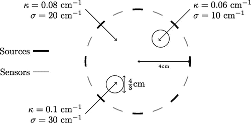 Figure 3. Test medium geometry representation. Eight sources are located on the boundary. For each source (which constitutes a test), the emerging radiation is measured on all sensors.
