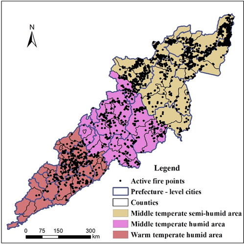 Figure 2. Climate zones and spatial pattern of active fire points in the study area from 2001 to 2019.