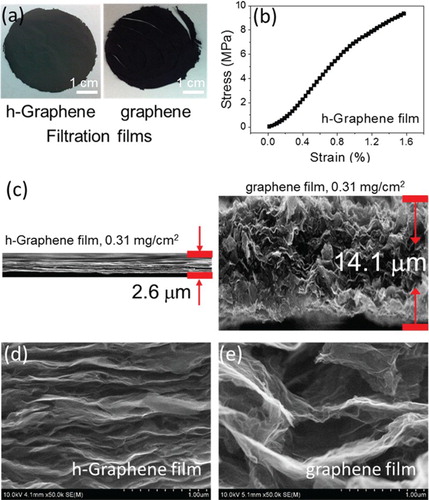 Figure 14. (a) Digital photos of h-Graphene (ie hG) and graphene filtration films. The graphene film cracked during the drying process. (b) Mechanical tensile test result for the h-Graphene film. (c) Cross-sectional SEM images for h-Graphene (left) and graphene films (right) at equivalent areal mass densities of 0.31 mg/cm2. Cross-sectional SEM images at identical magnifications for h-Graphene (d) and graphene films (e). Reproduced from Ref. [Citation18] with permission from American Chemical Society.