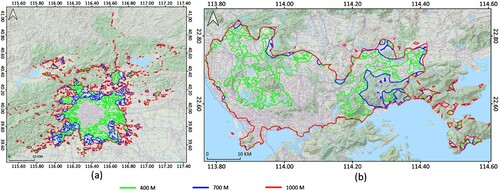 Figure 10. (Color online) The growth of concave cluster boundaries after 400 m overlapped with the topographic map in Beijing (a) and Shenzhen (b).