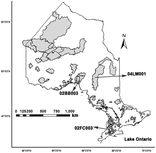 Figure 1. Location map of selected Ontario watersheds and sample watersheds.