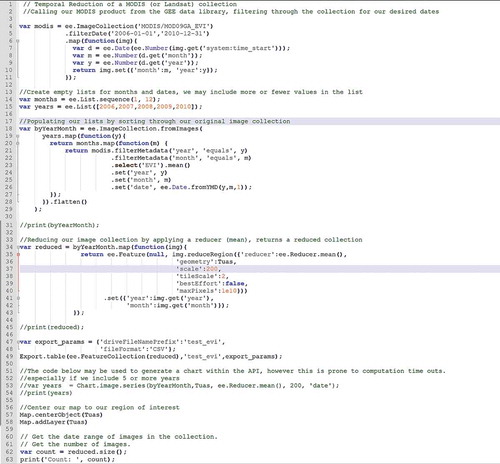 Figure A2. JavaScript code used in the GEE API to generate temporally reduced EVI time series from MODIS Daily EVI and Landsat 32-Day EVI data collections for our study areas Tuas industrial zone and CCR.