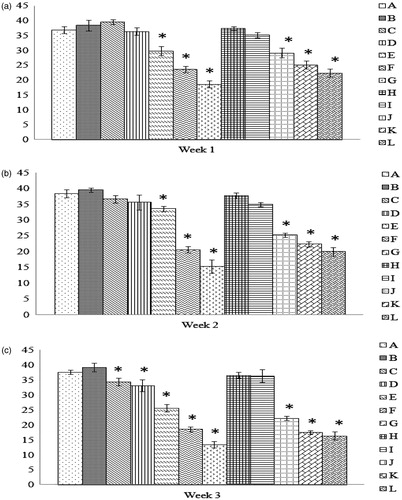 Figure 2. Phagocytic activity of peritoneal macrophages recovered from chicks of hens fed AFB1 ± Vit E for 1, 2, or 3 weeks. At 29 days-of-age, peritoneal macrophages were isolated from the chicks (n = 10/group). The cells were then cultured for 1 h to permit adherence and subsequently provided SRBC to engulf in a 1-h period. The cells were then stained and a total of 200 macrophages/chick scored for phagocytosis and number of SRBC engulfed/macrophage. Dam on diets for (a) 1 week, (b) 2 weeks, and (c) 3 weeks. Values shown are mean percentage (%) of phagocytically-active cells present (±SD); n = 10/group. All groups (A–L) were fed the diets containing various amounts of AFB1 in the presence/absence of Vit E; specific exposure levels for each group are indicated in tables in this paper. Values significantly different from control (Group A chicks) values at *p ≤ 0.05 are indicated.