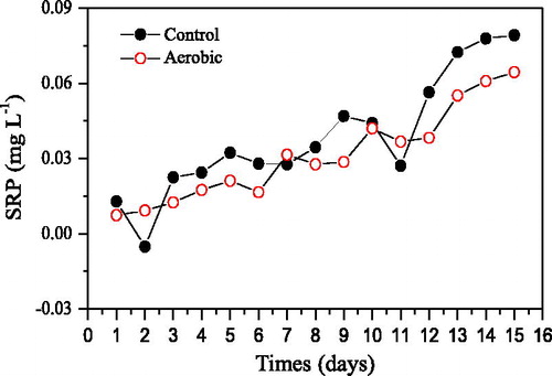 Figure 2. Effects of aerobic conditions on SRP concentrations in overlying water during 15 days of incubation.