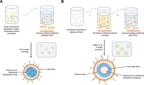 Figure 4 LPHNPs produced by the emulsion-solvent evaporation (ESE) method.Notes: (A) Single ESE method utilized for a hydrophobic drug (soluble in oil phase). Water-immiscible solvent is used to dissolve drug and polymer. The resulting solution is added to lipid/lipid–PEG containing aqueous phase under agitation to form an oil/water emulsion. The oil phase is evaporated out, along with simultaneous formation of the polymer core and lipid shell. (B) Double ESE method is employed for hydrophilic (water-soluble) drugs. An aqueous solution of drug is emulsified in organic solvent containing polymers and lipids, under constant stirring. This w/o emulsion is again emulsified in an aqueous solvent containing the lipid–PEG, forming a w/o/w emulsion. Evaporation of oil phase leads to LPHNP formation.Abbreviations: LPHNPs, lipid–polymer hybrid nanoparticles; PEG, polyethylene glycol.