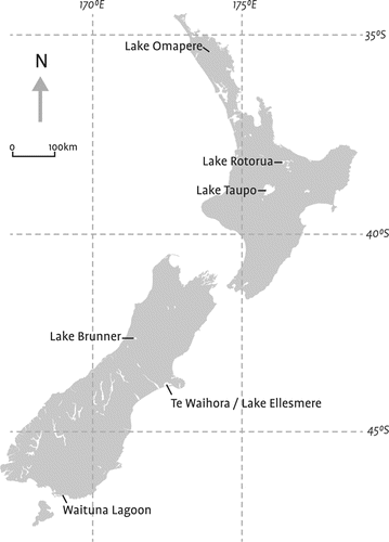Figure 1. Location of the 6 New Zealand lakes.