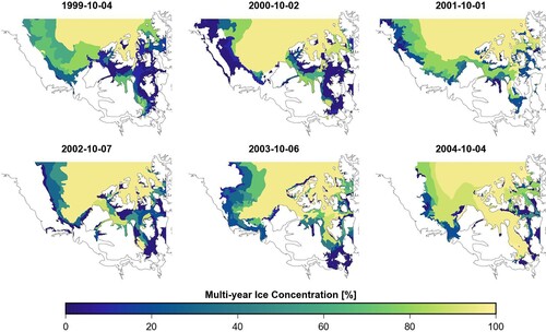 Fig. 6 Spatial distribution of MYI concentration on the first Canadian Ice Service ice chart in October from 1999 to 2004.