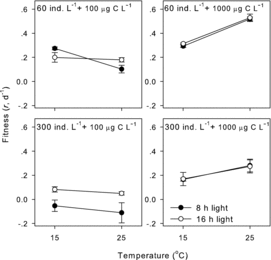 Figure3. Effects of photoperiod on temperature reaction norms of D. carinata fitness in the four combinations of two population densities and two food concentrations.