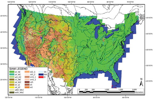 Figure 8. Automatically generated SIAM-WELD 2006 color map depicted at an intermediate discretization level of 48 color names, reassembled into 19 spectral macro-categories by an independent human expert. Black lines across the SIAM-WELD 2006 map represent the boundaries of the 86 EPA Level III ecoregions of the CONUS. The reassembled 19-class SIAM map legend is depicted at bottom left, also refer to Table 2.