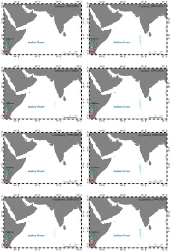 Figure 7. Hotspot distribution of island area changes in the South Asia-Western Asia regions.