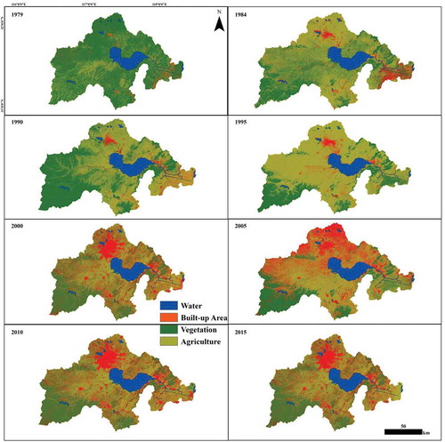 Figure 2. Classified maps of Lake Chaohu basin from 1979 to 2015. (Images are classified from Landsat Satellite data sourced from the US Geological Survey (USGS) depository (https://earthexplorer.usgs.gov.) The shapefile used for area extraction was from the DIVA-GIS database (http://www.diva-gis.org/) ©1995-1998, LizardTech, Inc.”)