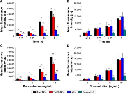 Figure 3 Quantitative flow cytometry studies of coumarin-6 solution and coumarin-6-labeled TMAB-NPs, Fab′-NPs, and NPs in BT-474 (HER2+) cells and MDA-MB-231 (HER2−) cells.Notes: (A, B) Time-dependent studies of coumarin-6 solution and coumarin-6 labeled TMAB-NPs, Fab′-NPs, and NPs in (A) BT-474 (HER2+) cells and (B) MDA-MB-231(HER2−) cells; (C, D) Concentration-dependent studies of coumarin-6 solution and coumarin-6 labeled TMAB-NPs, Fab′-NPs, and NPs in (C) BT-474 (HER2+) cells and (D) MDA-MB-231(HER2−) cells. Significant differences in coumarin-6 solution and coumarin-6-labeled TMAB-NPs, Fab′-NPs, and NPs are marked with * for P<0.05 and ** for P<0.01. Values represent the mean ± SD (n=3).Abbreviations: TMAB-NPs, trastuzumab-modified nanoparticles; Fab′-NPs, fragment Fab′-modified nanoparticles; NPs, nanoparticles; HER2, human epidermal growth factor receptor 2.