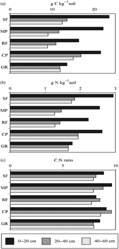 Figure 2  (a) Total carbon, (b) total nitrogen and (c) C/N in soils under different land-use types. CP, coffee plantation; GR, grassland; MP, mahogany plantation; RF, rainforestation farming; SF, secondary forest.