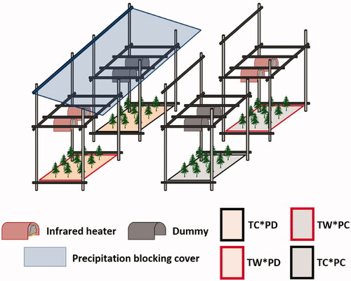 Figure 1. Open-field warming and drought manipulation system. TC: temperature control plots, TW: temperature warming plots, PC: precipitation control plots, PD: drought plots.