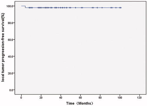 Figure 6. Graph showing the probability of LPFS in 49 patients with 50 HCCs in the hepatic dome (mean diameter, 15.4 ± 5.8 mm [range, 7.0–29.0 mm]), treated with MR-guided RFA after a median follow-up of 31.0 months. The 1-, 3-, and 5-year LPFS rates are 98.0%.