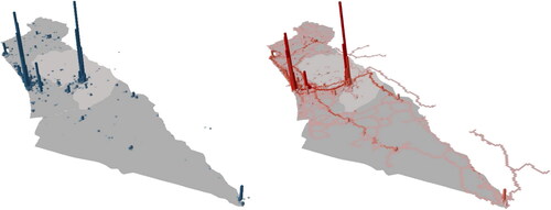 Figure 6. Left: Duration variable on a national scale, average day activity; Right: Duration variable on a national scale, average night activity (Source: Jerusalem Transportation Master Plan, Citation2018).