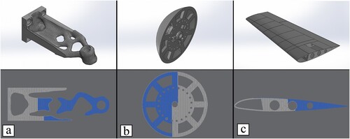 Figure 18. The three different objects with layers tested for cooperative printing using the developed algorithms. (a) Topology optimised bracket (38), (b) nose of a wind turbine (39), and (c) wing of an airplane (40). The top images show the CAD models and the bottom images correspond to sample layers from the models where the system has generated toolpaths for two printheads. Blue and grey regions correspond to the upper and lower printheads, respectively.