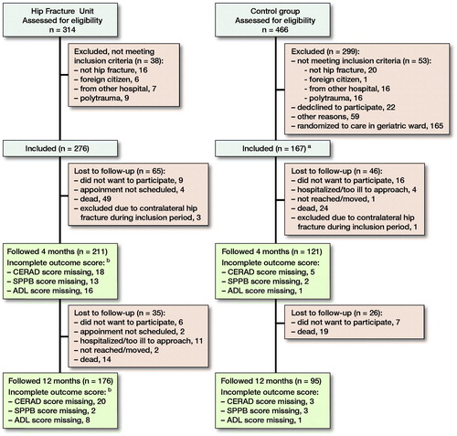 Patient inclusion and follow-up. aRandomized to “usual care” in the orthopedic ward in original study (165 patients were randomized to admission in the geriatric ward and are not included in the present study). bIn addition, 11 patients at 4 months and 5 patients at 12 months are missing scores due to surgeons other than SS and FF seeing the patients.