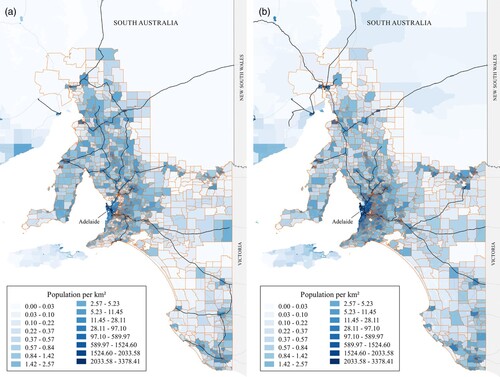 Figure 1. Maps of the 1018 sample ‘state suburbs’ (SSCs), with shading for the (a) 1911 and (b) 1996 population densities, and contemporary railways illustrated as lines.Note: The sample is limited to the south-east of South Australia where the population is concentrated and it excludes the Adelaide metropolitan area.