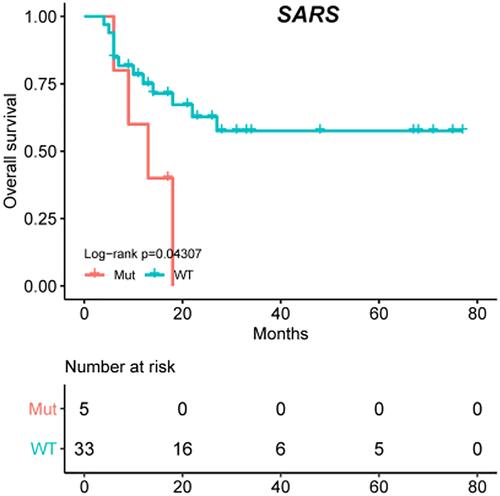 Figure 6 PSC patients harboring SARS mutations have worsened overall survival (log-rank p value = 0.04307).