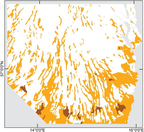 Figure 7. The mapped extent of hummock tracts display (undifferentiated = yellow, ribbed moraine = brown) a radial pattern parallel to the overall ice-flow direction.