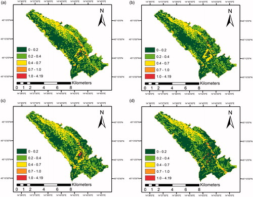 Figure 9. Erosion coefficient: (a) winter, (b) spring, (c) summer, (d) autumn.