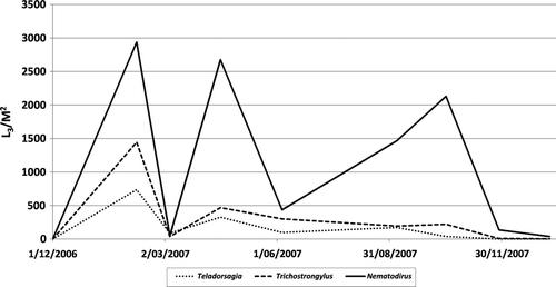 Figure 2  Comparing the number and seasonal variation of the different endoparasite L3 on old pasture, new pasture following cultivation and new pasture direct drilled.