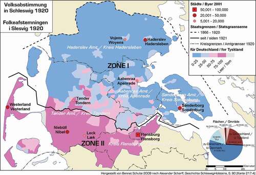 Figure 4a. Map showing the 1920 plebiscite voting zones north and south of Flensburg, the area’s largest city. The stippled line to the north represents that Danish-German border between 1864 and 1920, and the solid line just north of Flensburg/Flensborg represents the border fixed in 1920. In most of Zone I only 0–25% voted for German nationhood, whereas in most of Zone II between 75–100% voted for German nationhood. The pie chart shows how many, in areal terms, voted Danish or German. In Zone I place names are spelled in Danish first, and in Zone II in German first. (This file is licenced under https://commons.wikimedia.org/wiki/File:Abstimmung-schleswig-1920.png Bennet Schulte, CC BY 3.0 <https://creativecommons.org/licenses/by/3.0>, via Wikimedia Commons the Creative Commons Attribution 3.0 Unported licence. Accessed 17 December 2020)