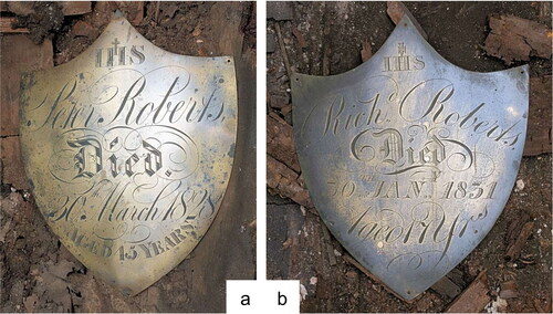 FIG. 12 Brass breastplates in Vault 4; (a) V4B for Peter Roberts d. 1828; (b) now lying on V4C but not related to it, for Richard Roberts d. 1831 (photos by J.R. Peterson).