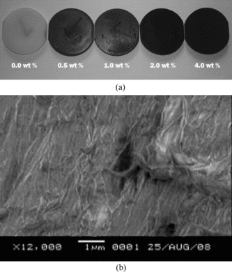 FIG. 5 (a) The consolidated pure HDPE and MWCNTs/HDPE composites obtained after hot compacting sintering process and (b) SEM image of a 4.0 wt% MWCNTs/HDPE nanocomposite, which shows a homogeneous distribution of carbon nanotubes.