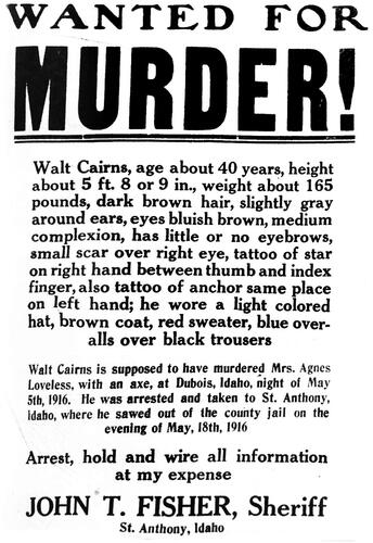 Figure 7. Wanted poster describing the homicide of Agnes Loveless thought to be committed by her husband, Joseph Henry Loveless (alias: Walt Cairns).