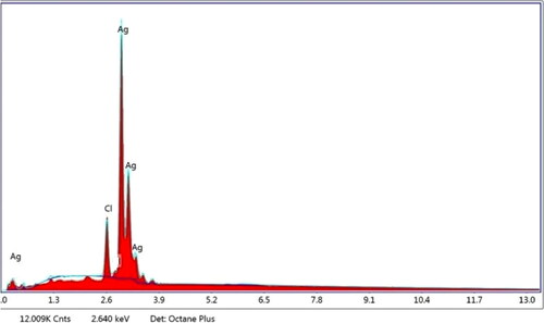 Figure 8. EDX spectrum of synthesised AgNPs using Piper colubrinum leaf extract.