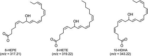 Figure 1. Structure and m/z of 8-HEPE, 8-HETE, and 10-HDHA.