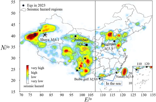 Figure 6. Annual seismic hazard regions in China in 2023 and the corresponding earthquakes of magnitude 5.0 and above in Mainland China.