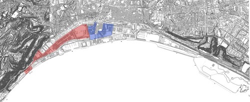Figure 6. Topographical representation of Setúbal. Red: western waterfront; blue: eastern waterfront. Source: Seminário a Cidade e o Urbanismo | Município de Setúbal (mun-Setúbal.pt). Design by the author.